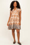 Mocha V Neck Flutter Sleeve Border Print Mini Tiered Dress