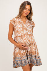 Mocha V Neck Flutter Sleeve Border Print Mini Tiered Maternity Dress