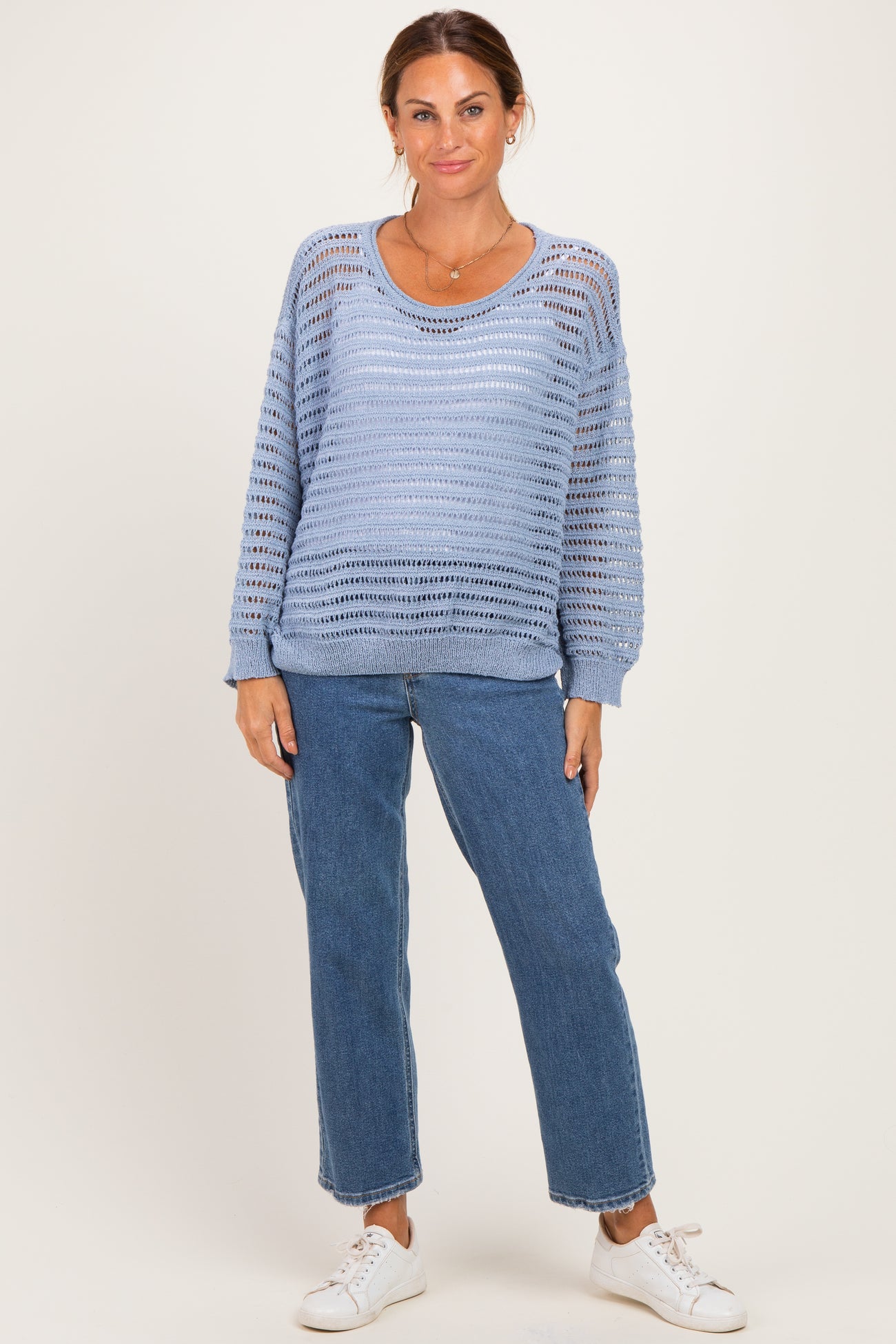 Dusk Blue Open Knit Striped Sweater Top