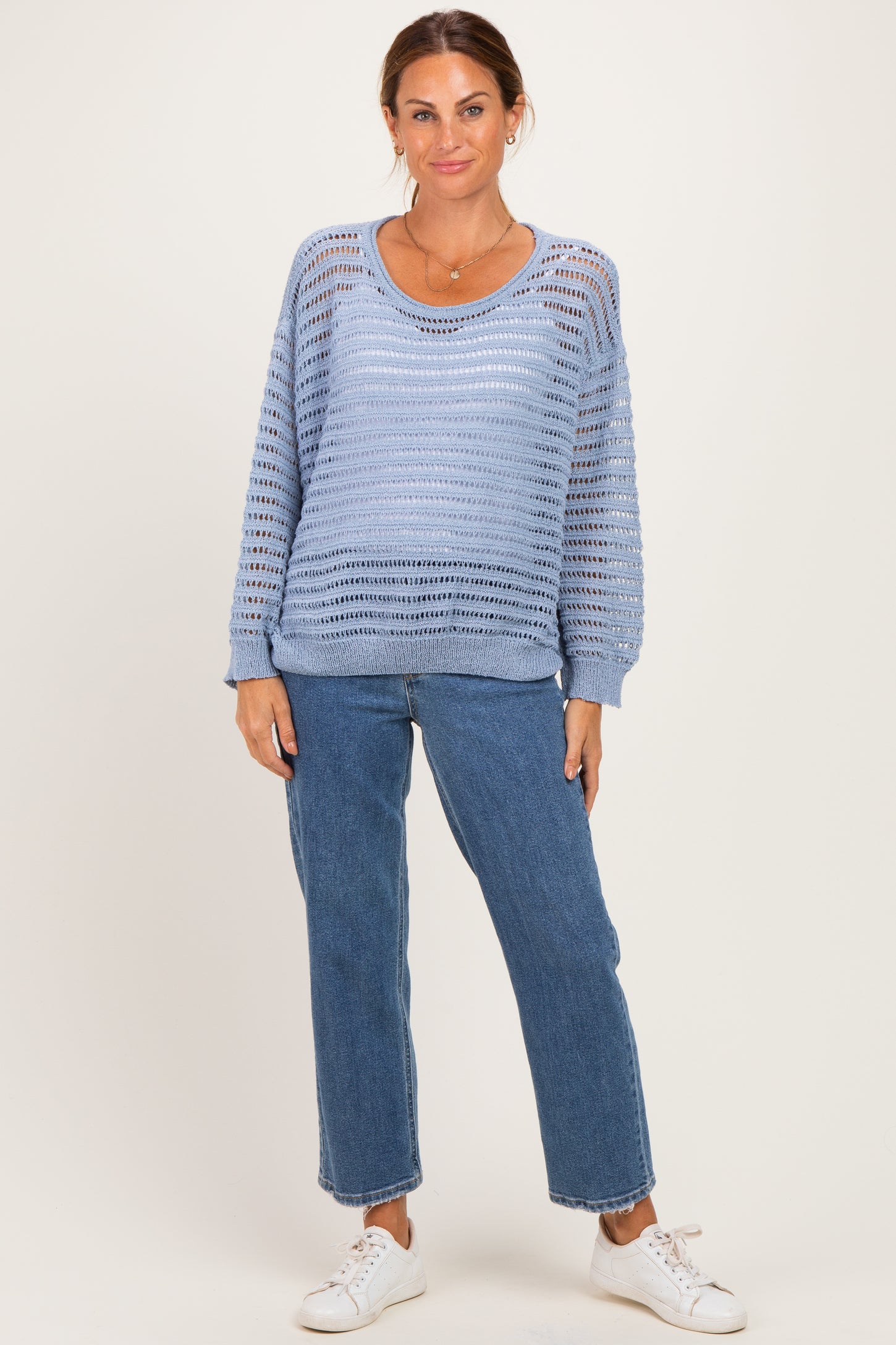 Dusk Blue Open Knit Striped Sweater Top