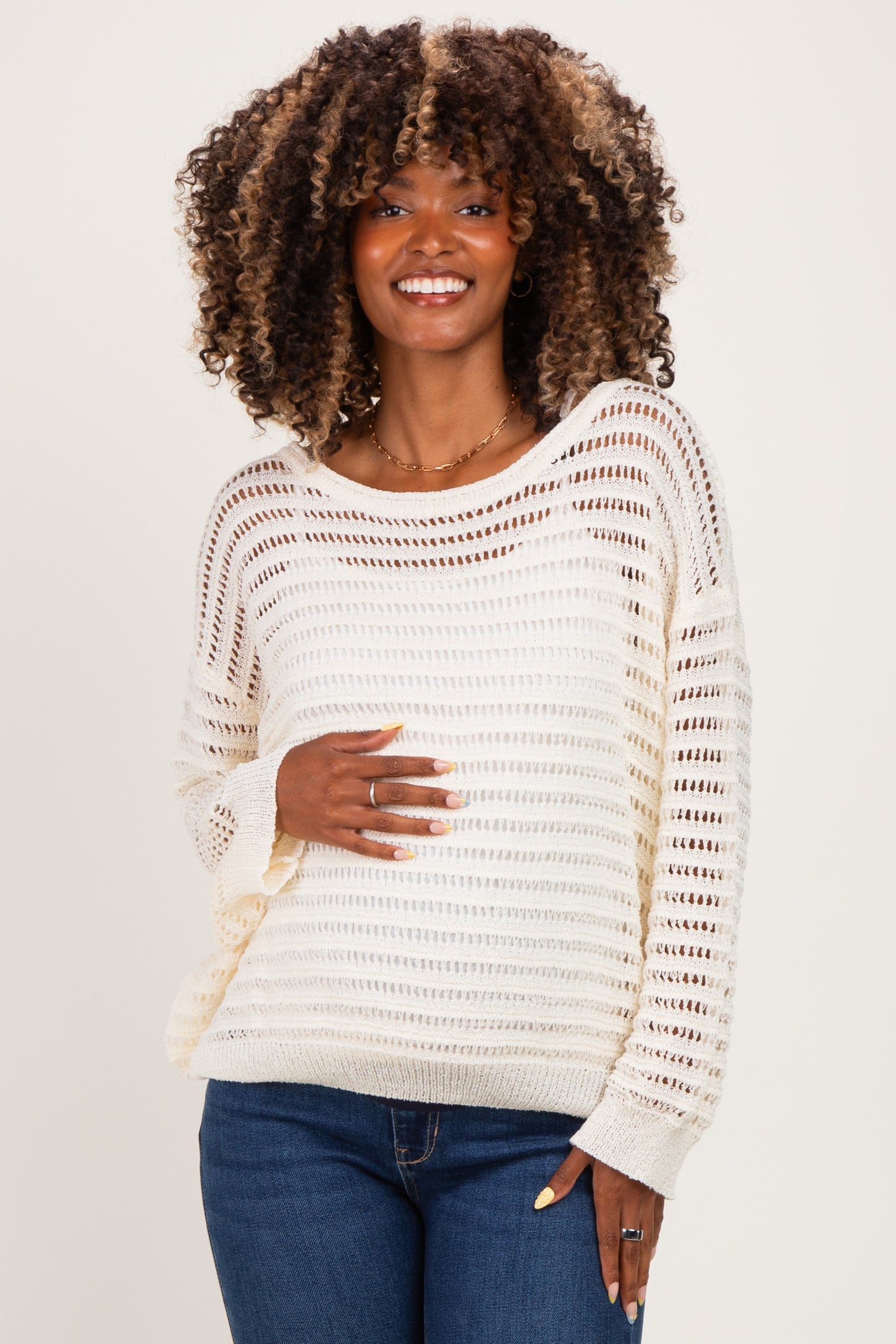 Ivory Open Knit Striped Maternity Sweater Top