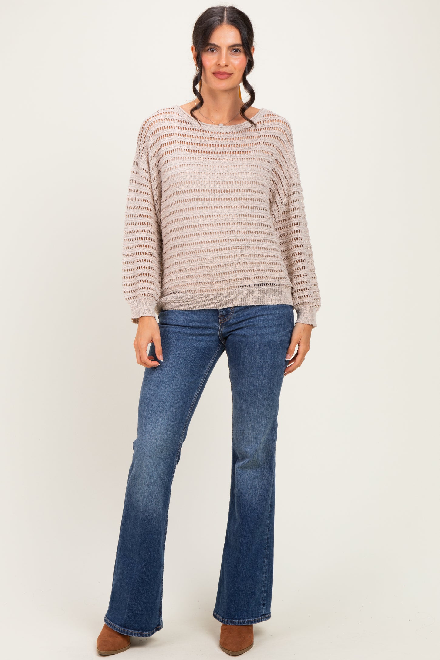 Stone Open Knit Striped Maternity Sweater Top
