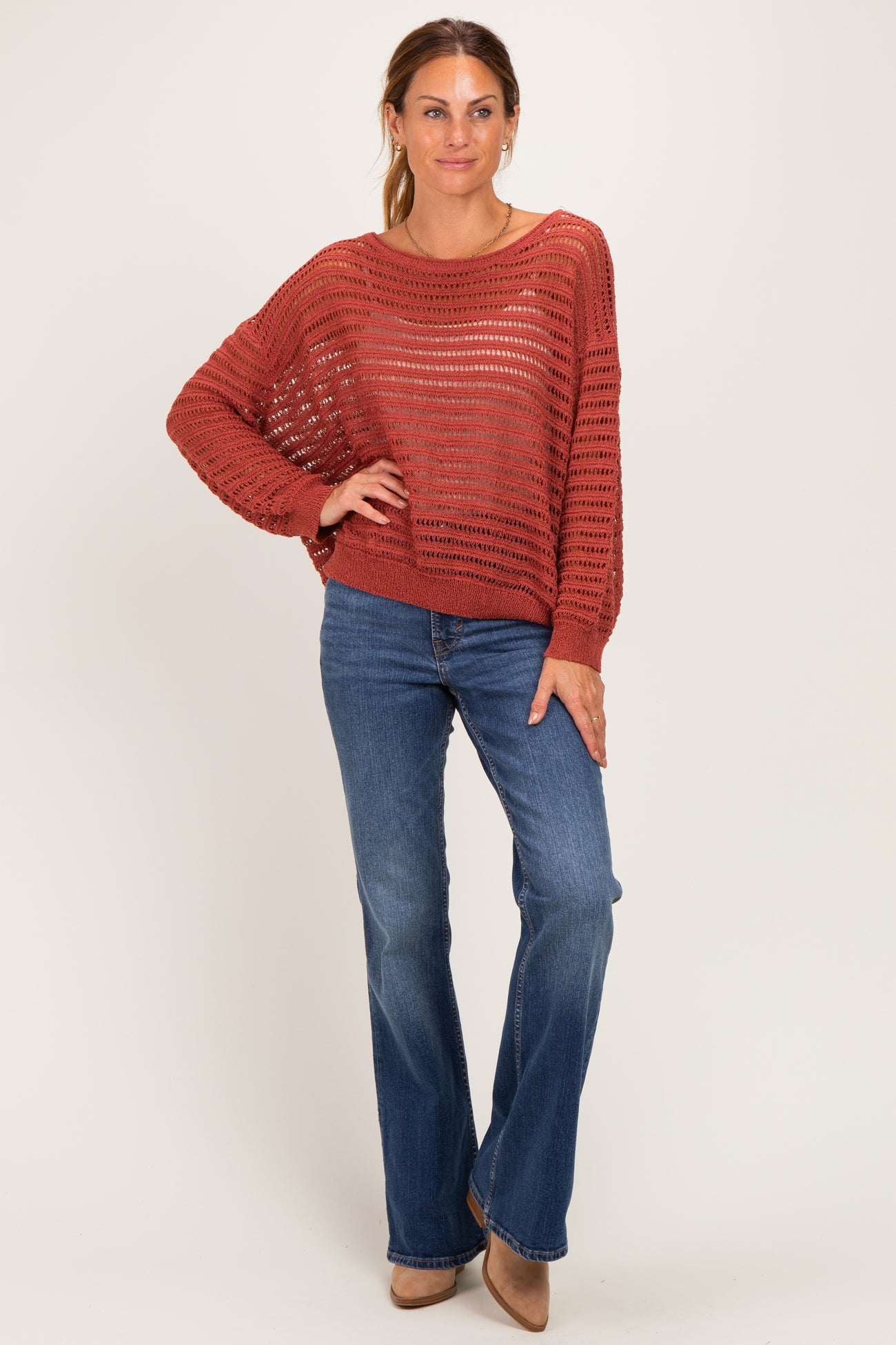 Terracotta Open Knit Striped Sweater Top