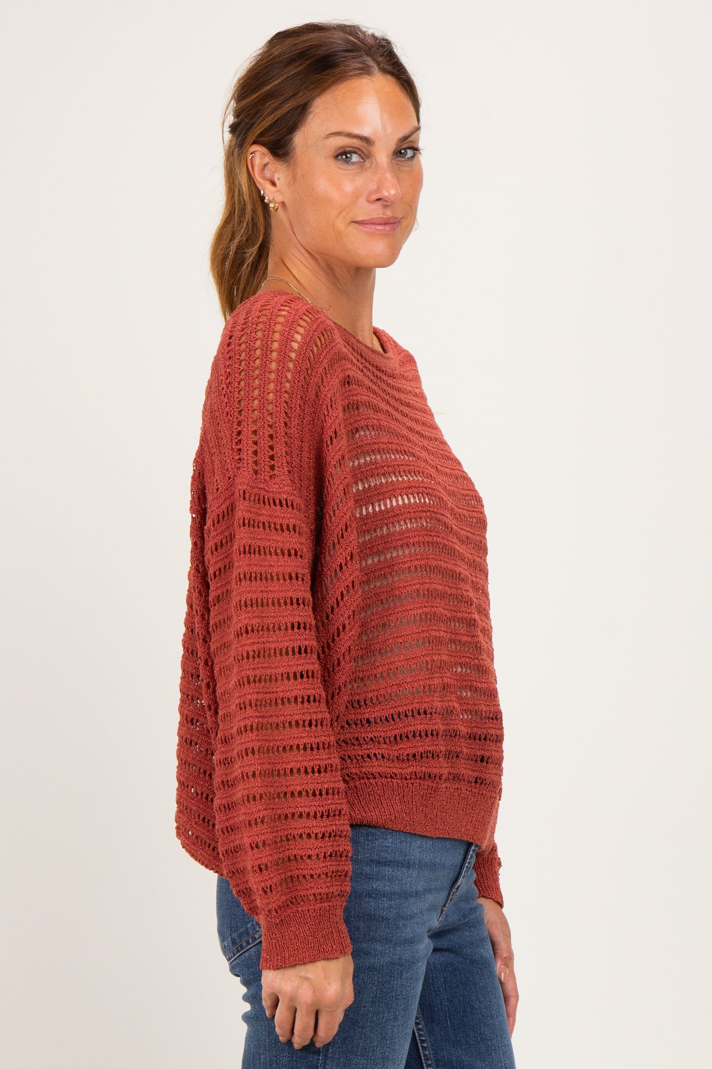Terracotta Open Knit Striped Sweater Top