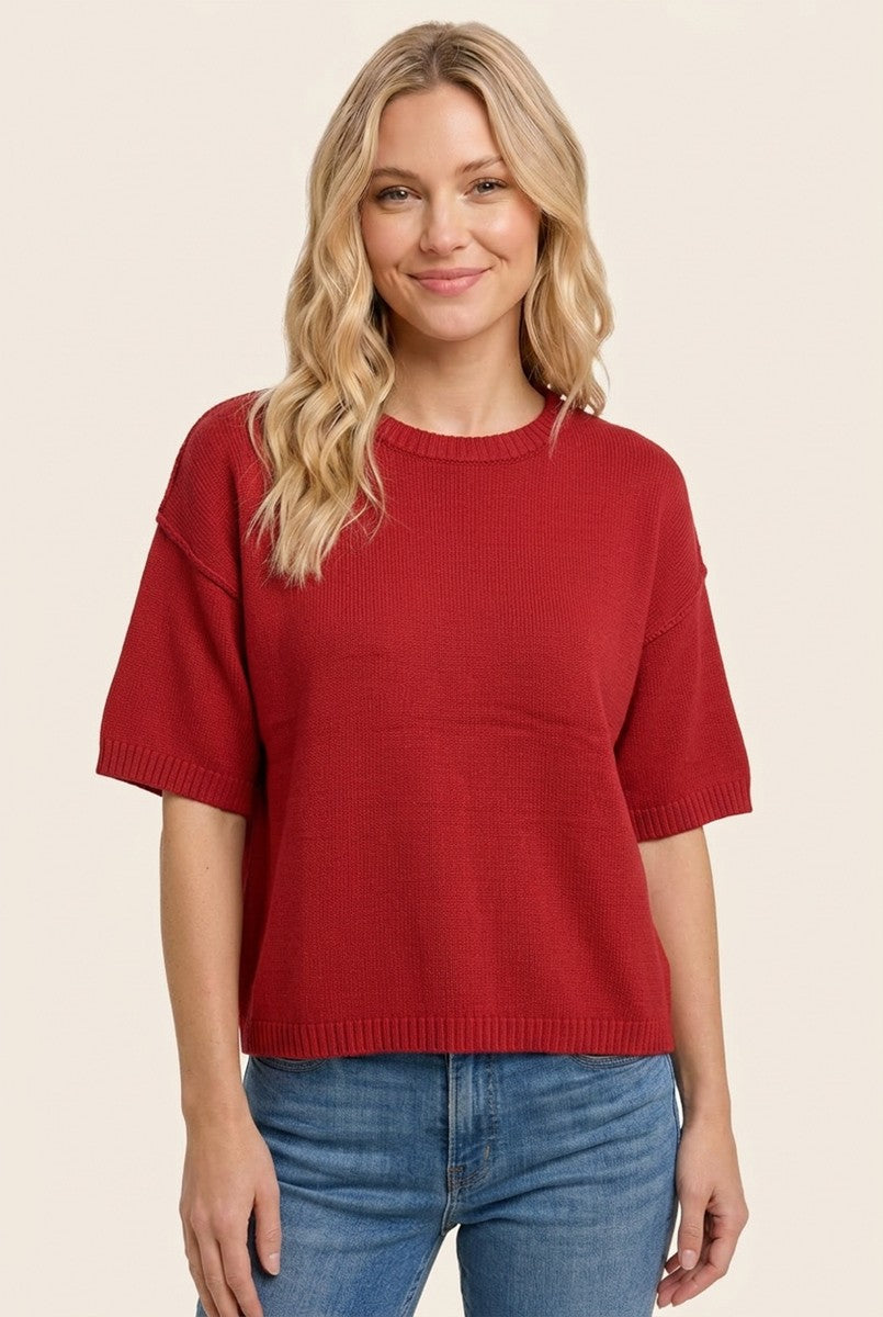 Red Basic Short Sleeve Sweater Top