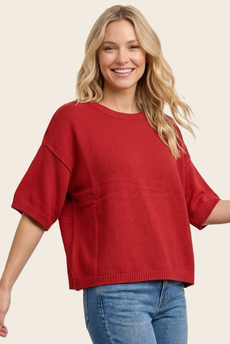 Red Basic Short Sleeve Sweater Top