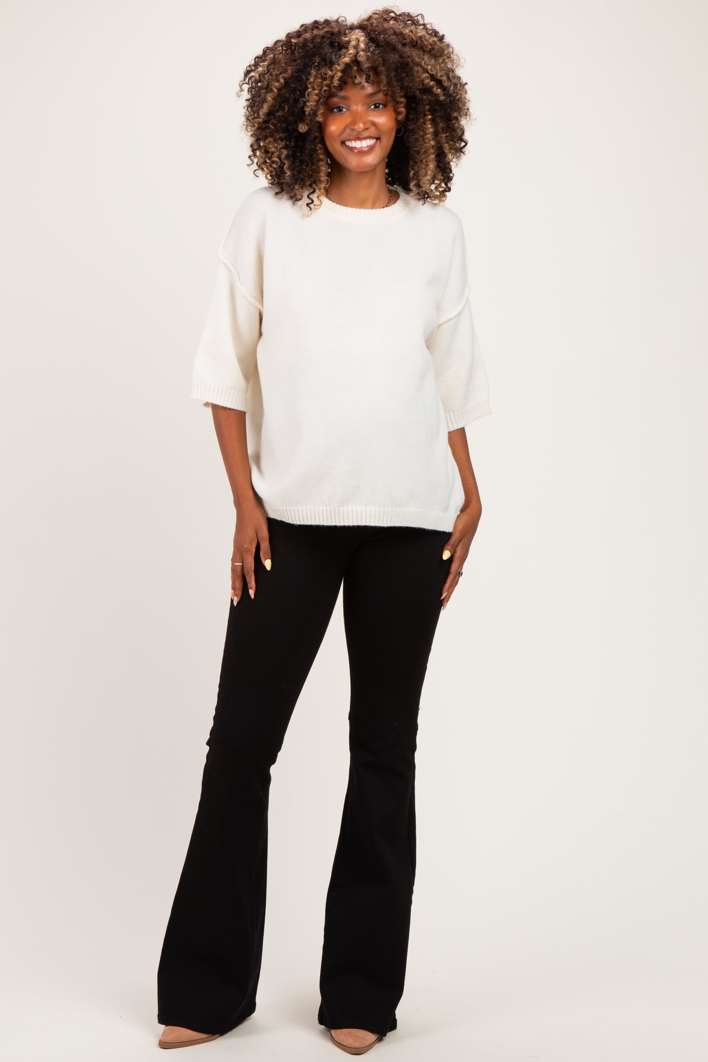 Ivory Basic Maternity Short Sleeve Sweater Top