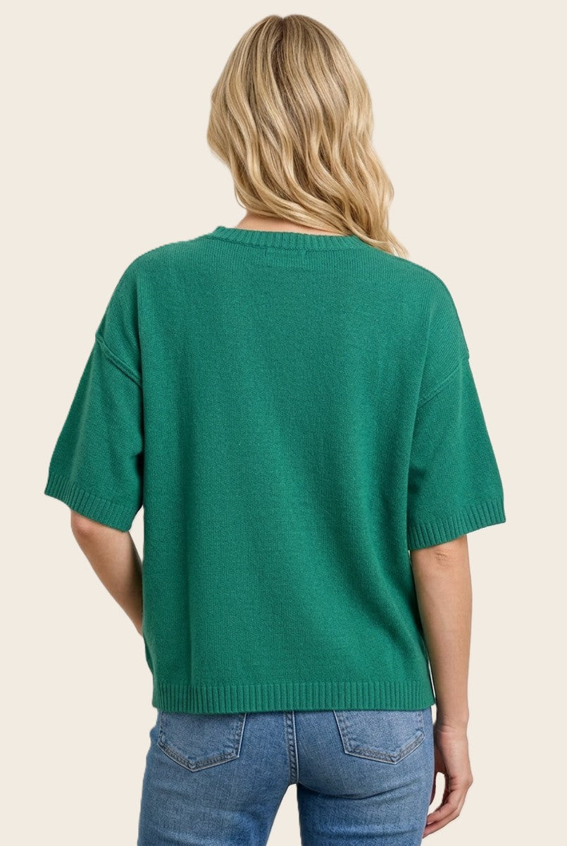 Green Basic Short Sleeve Sweater Top