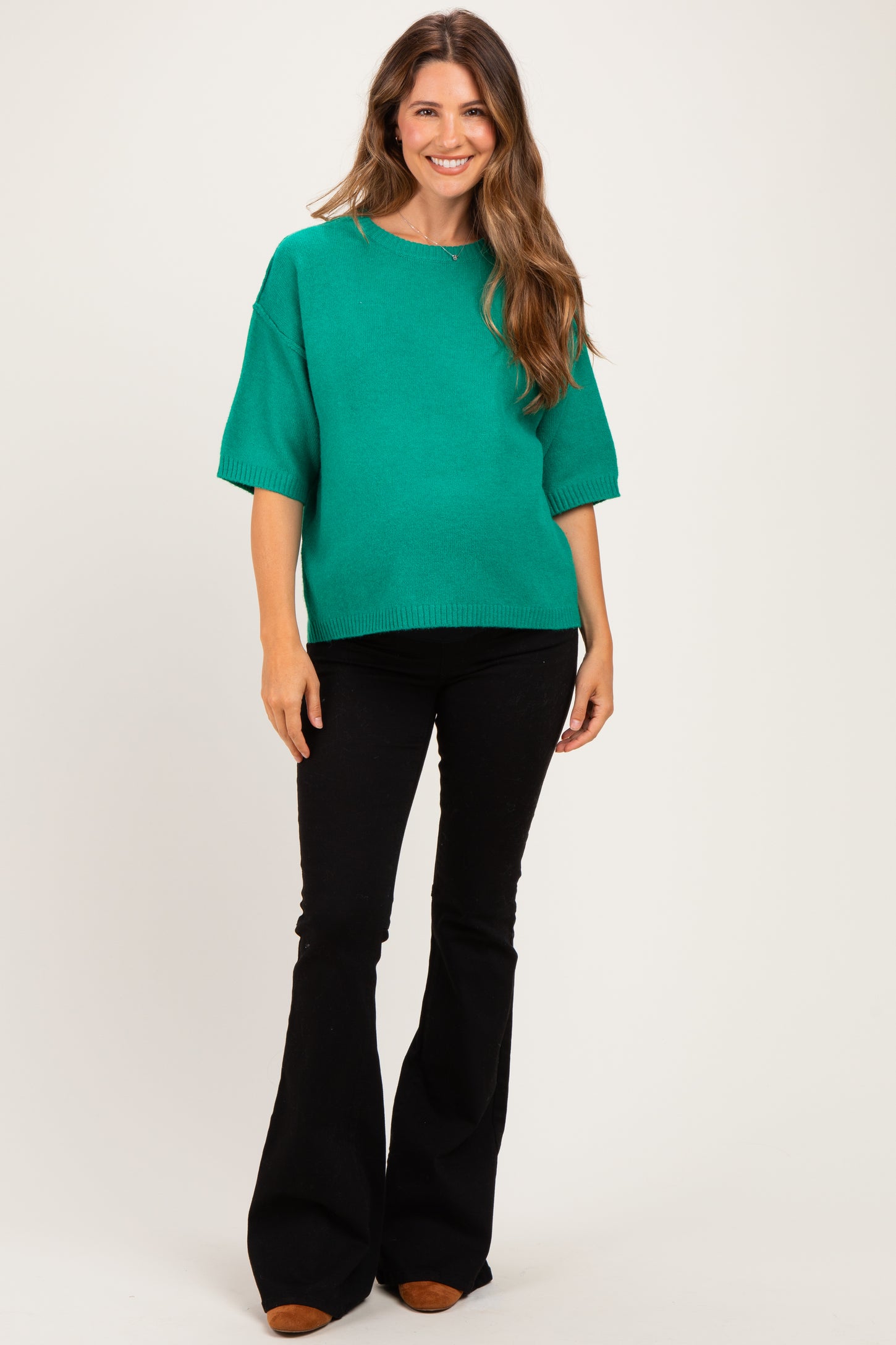 Green Basic Maternity Short Sleeve Sweater Top