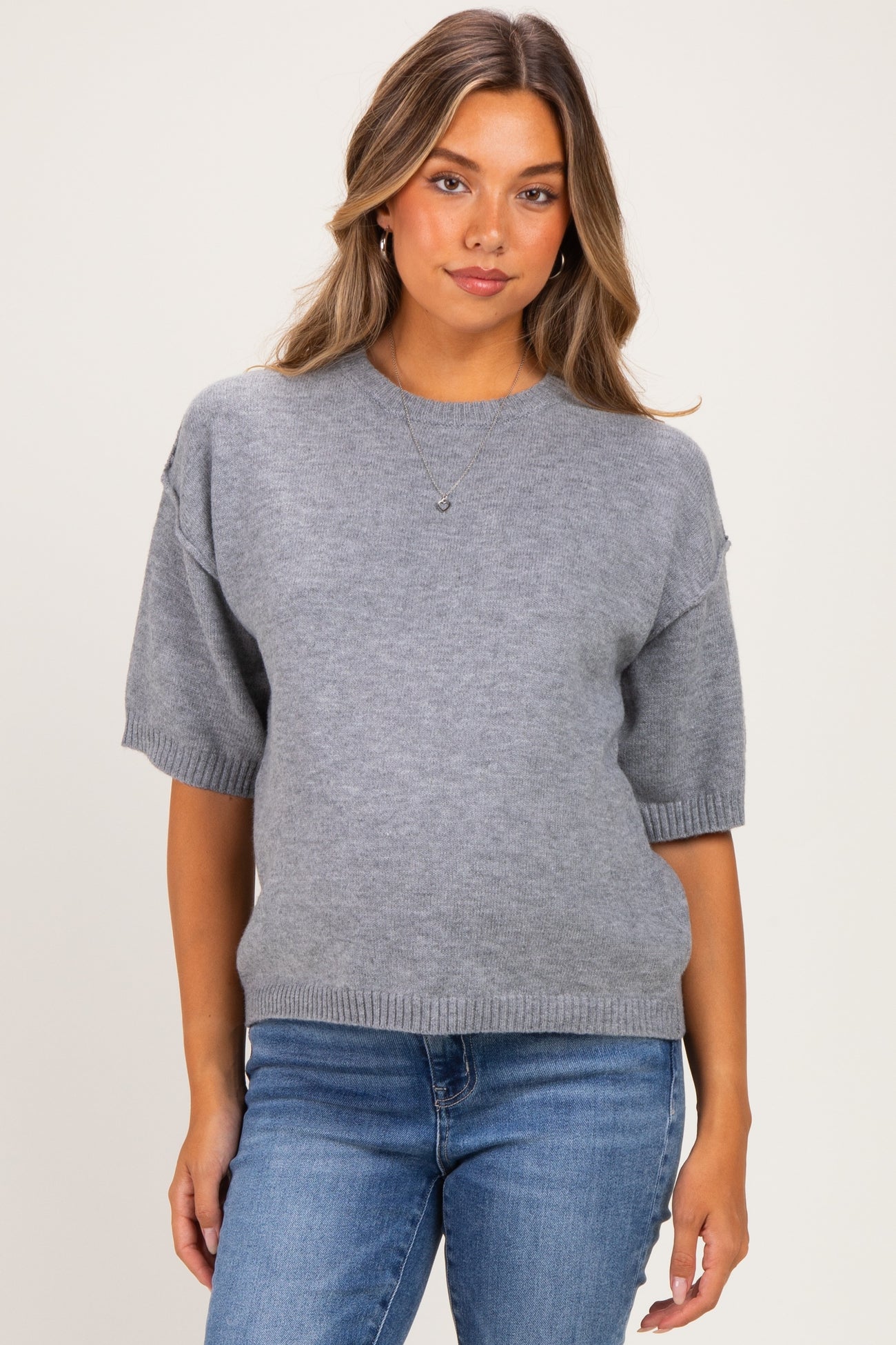 Heather Grey Basic Maternity Short Sleeve Sweater Top
