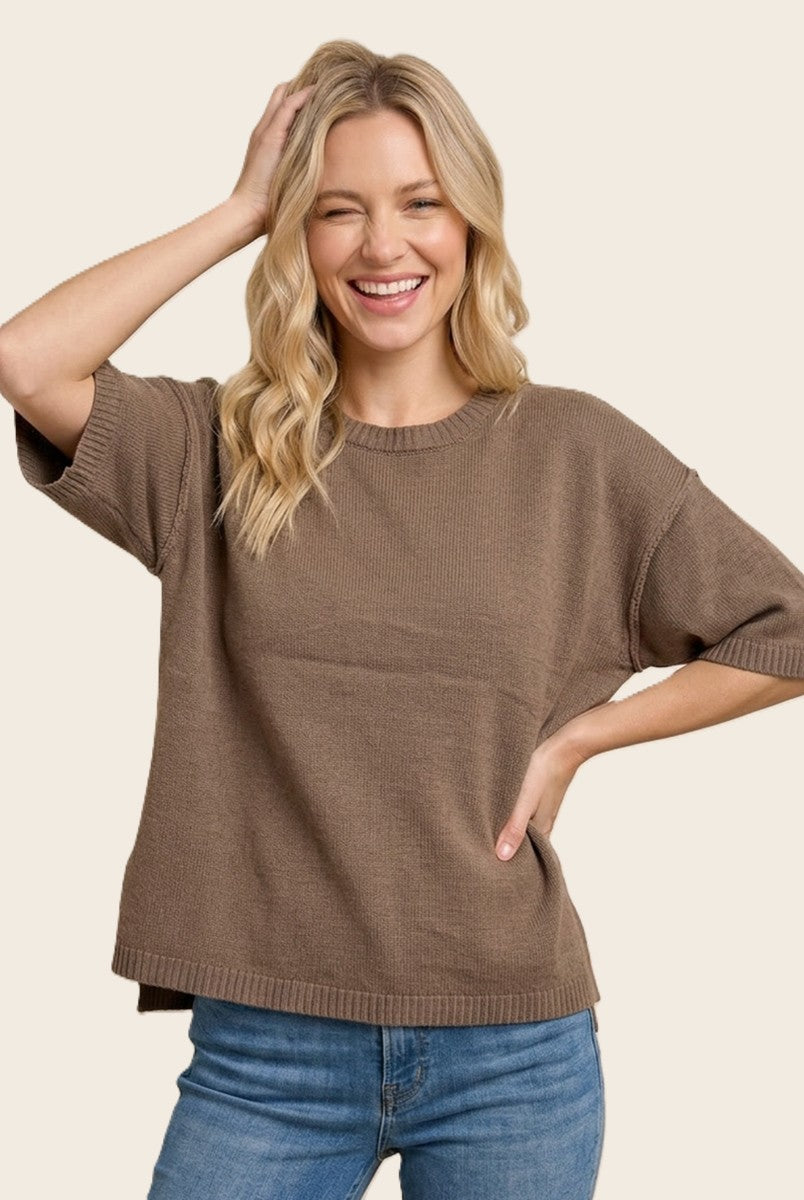 Mocha Basic Short Sleeve Sweater Top