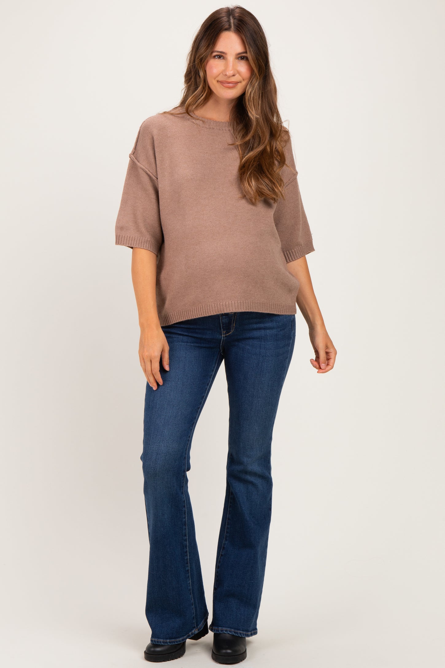 Mocha Basic Maternity Short Sleeve Sweater Top