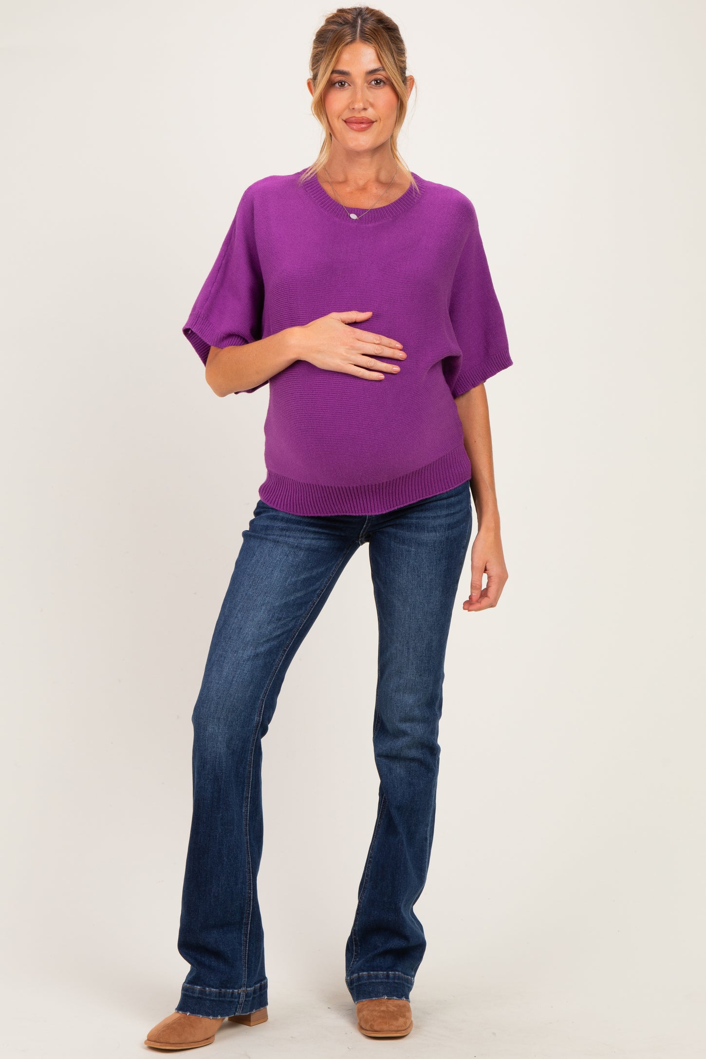 Purple Oversized Maternity Short Sleeve Sweater Top