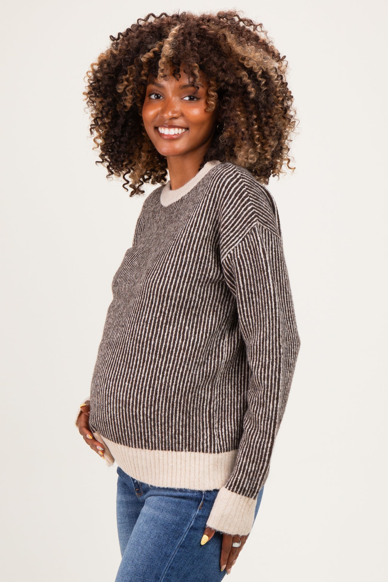 Chocolate Two Tone Ribbed Maternity Sweater