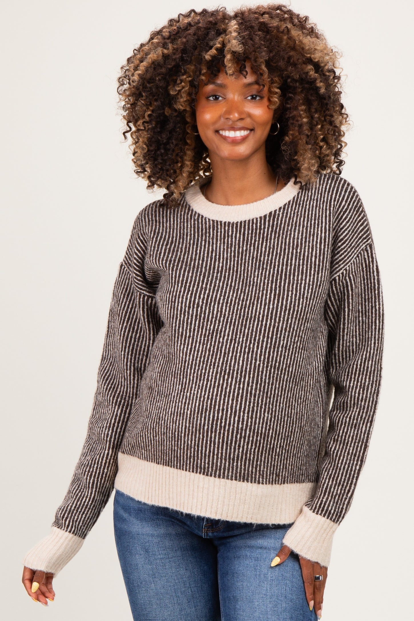 Chocolate Two Tone Ribbed Maternity Sweater