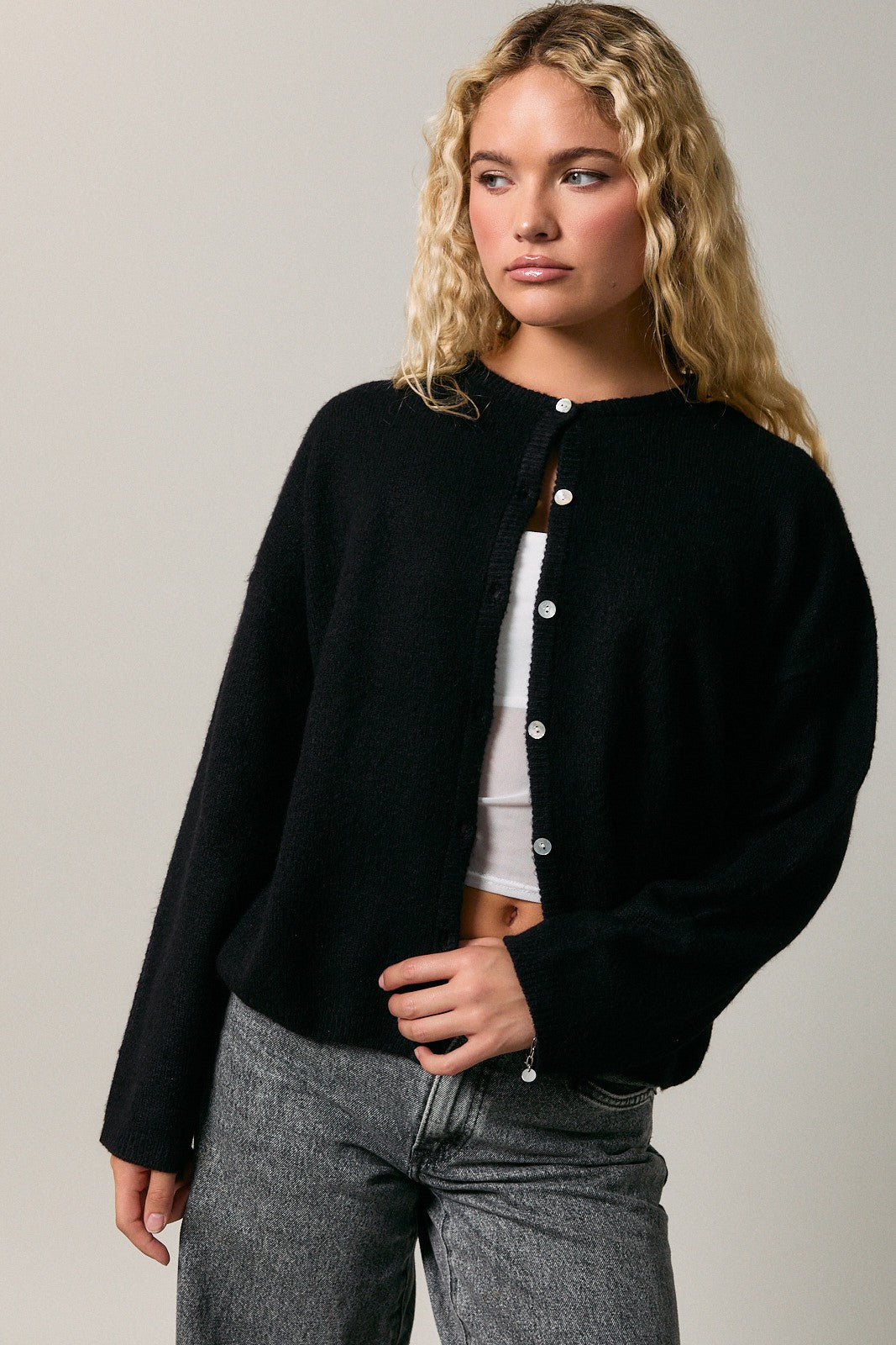 Black Classic Crew Neck Button Cardigan