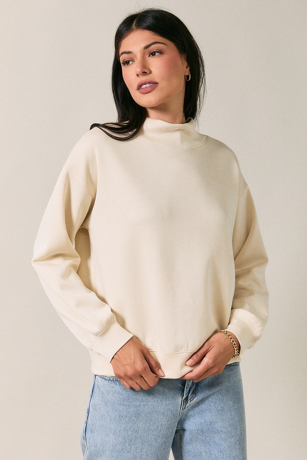 Cream Mock Neck Drop Shoulder Maternity Sweatshirt