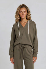 Olive V-Neck Long Sleeve Drawstring Hoodie