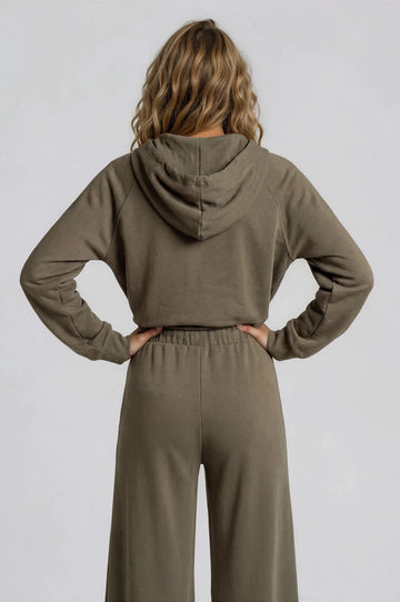Olive V-Neck Long Sleeve Drawstring Hoodie