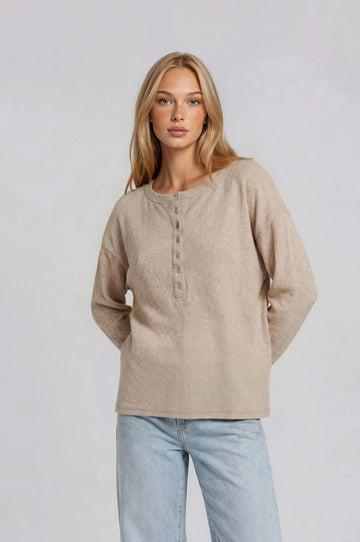 Oatmeal Waffle Knit Oversized Henley Top