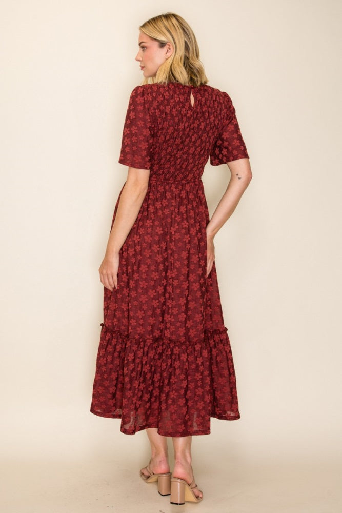 Merlot Smocked Bodice Tiered Dress