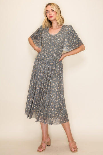 Olive Smocked Bodice Floral Dress