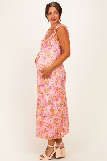 Pink Floral Sleeveless Maternity Maxi Dress