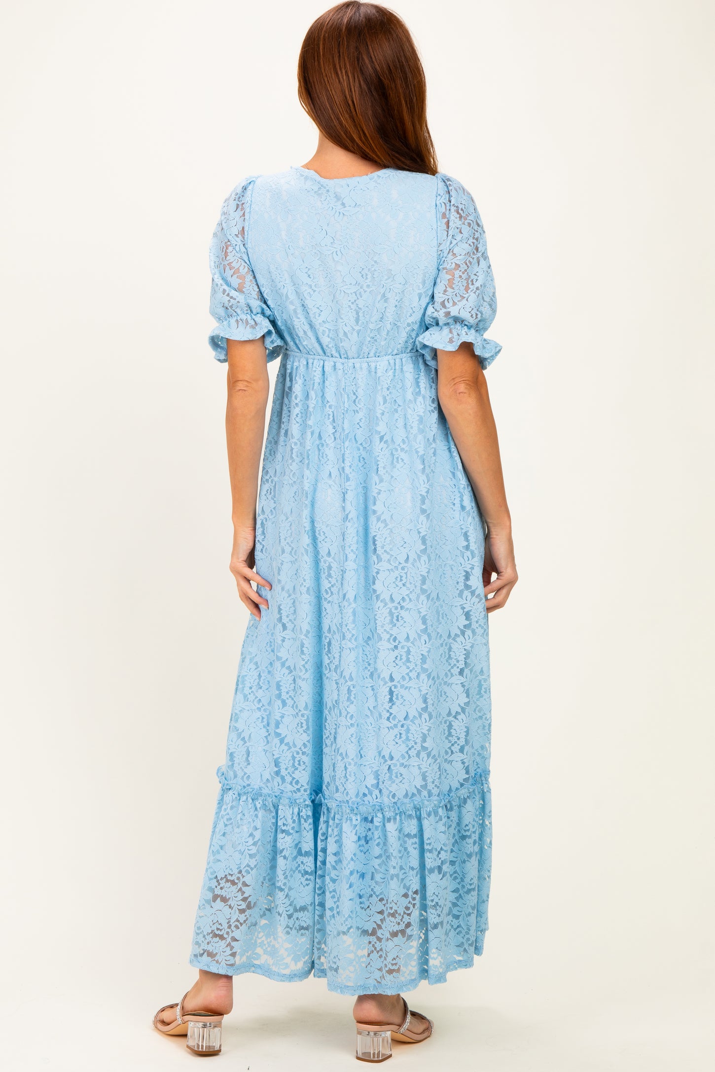 Blue Floral Lace V-Neck Maxi Dress