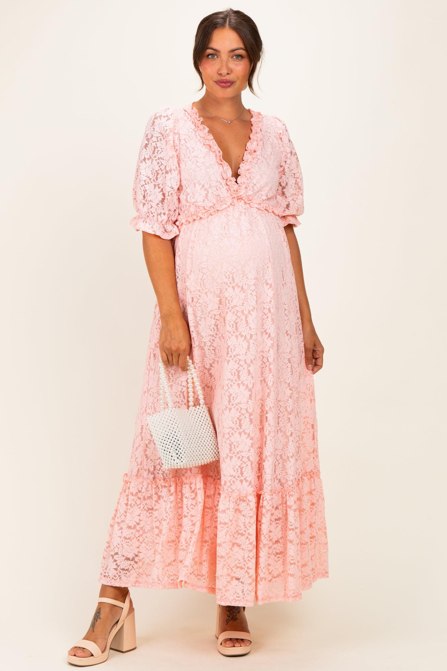 Light Pink Floral Lace V-Neck Maternity Maxi Dress