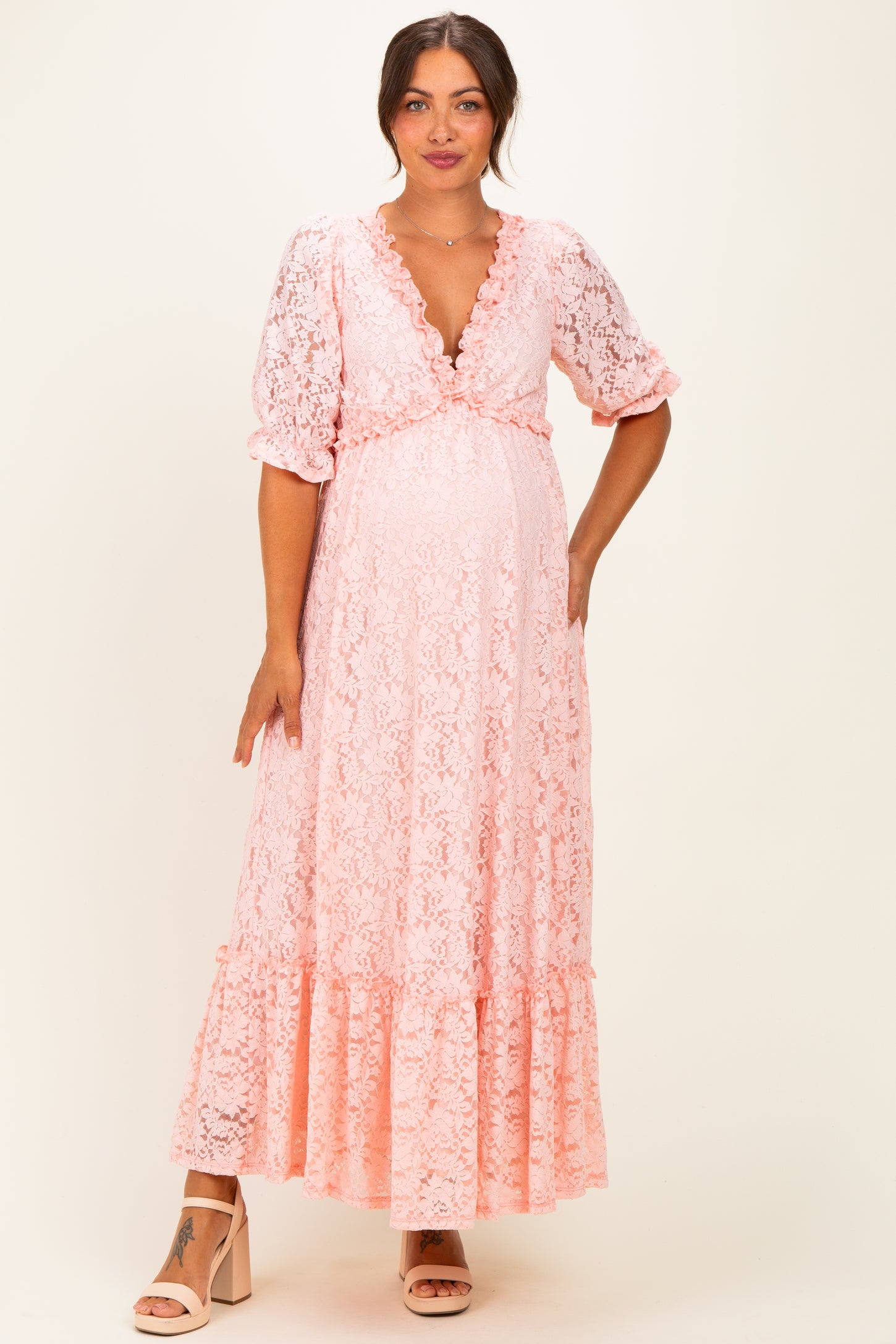 Light Pink Floral Lace V-Neck Maternity Maxi Dress