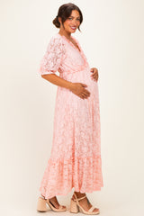 Light Pink Floral Lace V-Neck Maternity Maxi Dress