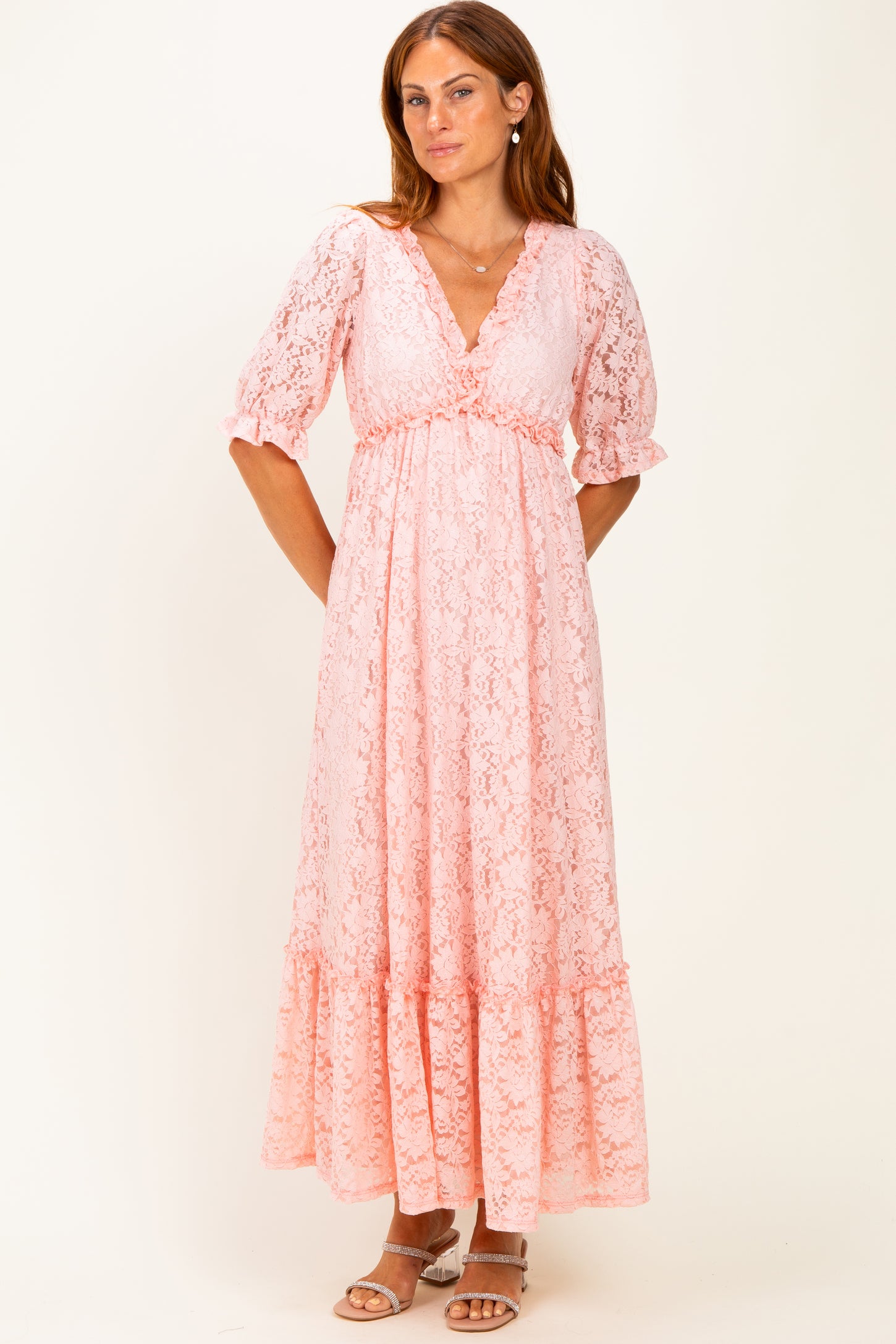 Light Pink Floral Lace V-Neck Maternity Maxi Dress