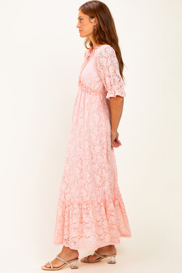 Light Pink Floral Lace V-Neck Maxi Dress