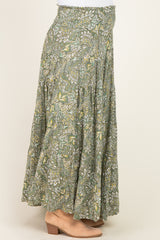 Olive Floral Tiered Smocked Waist Maternity Maxi Skirt