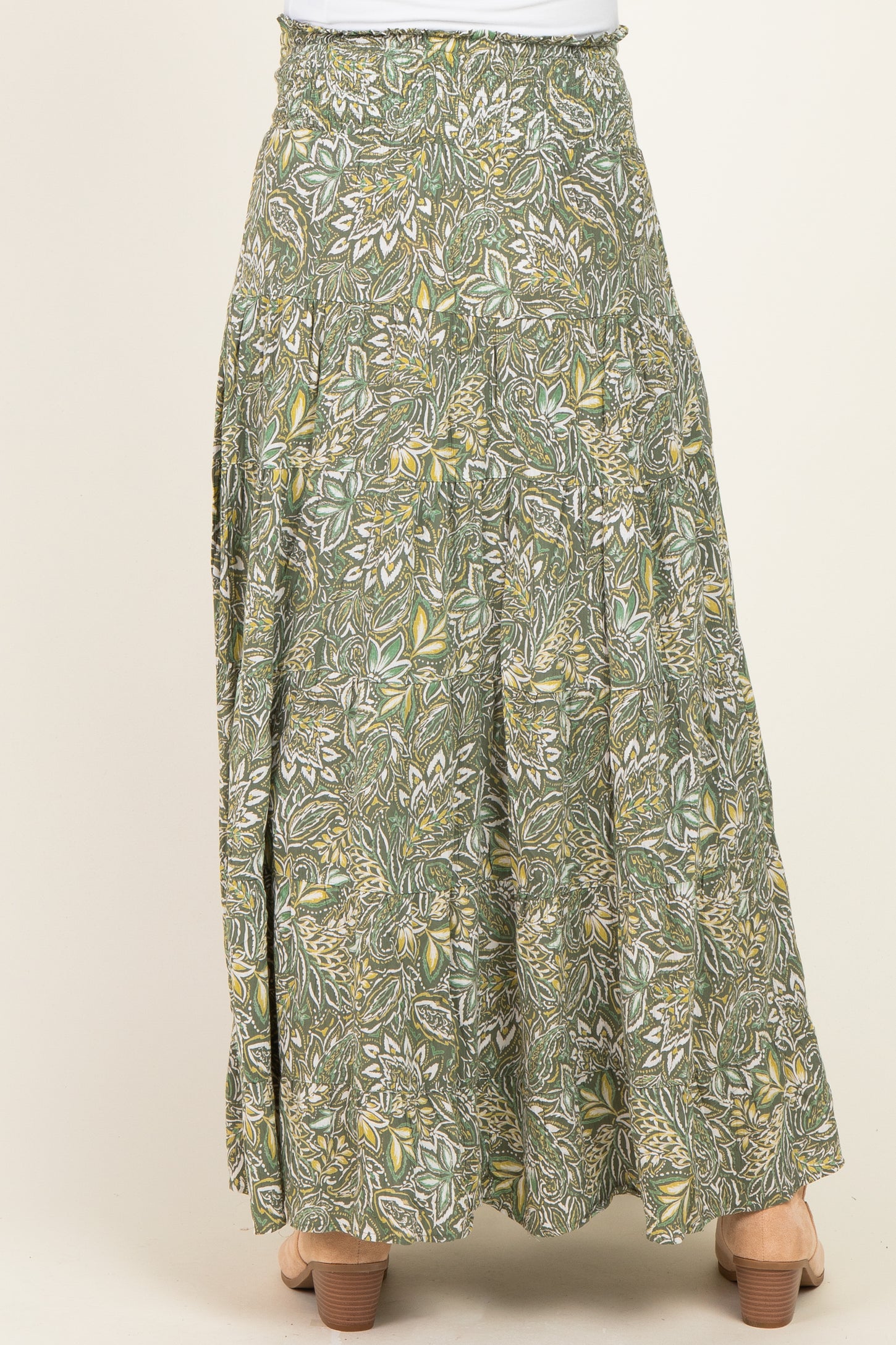 Olive Floral Tiered Smocked Waist Maternity Maxi Skirt