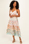 Multicolor Floral Colorblock Tiered Lace Trim Midi Dress