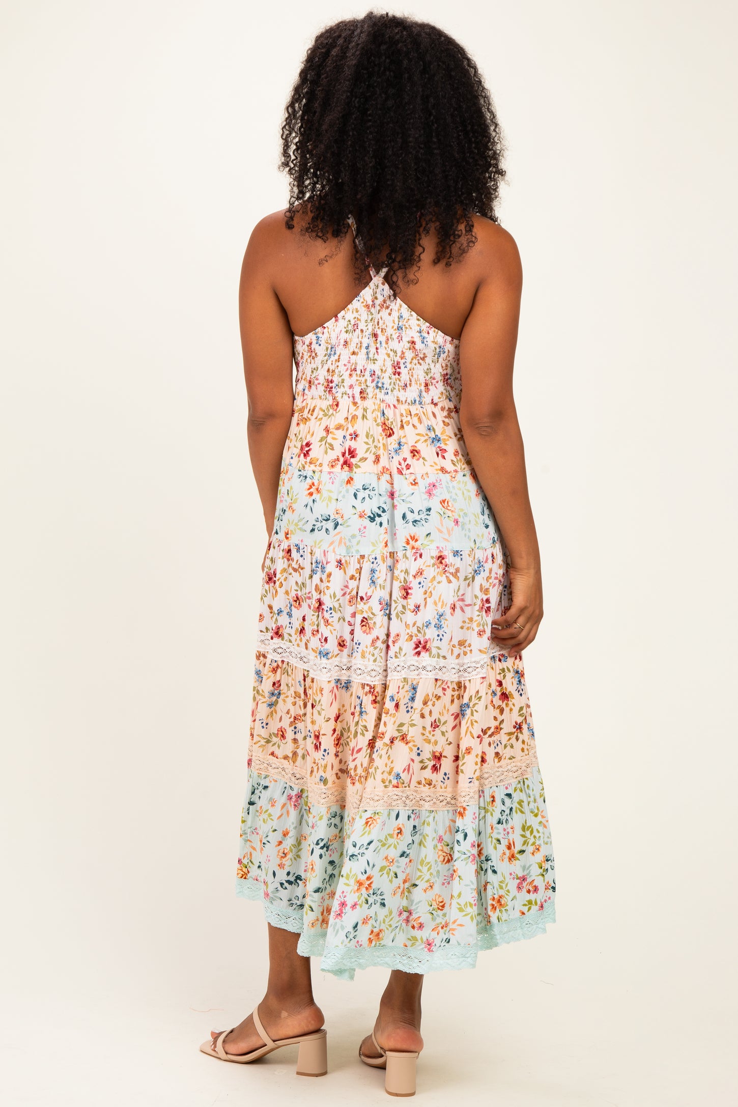 Multicolor Floral Colorblock Tiered Lace Trim Midi Dress