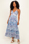Blue Printed V-Neck Lace Tim Maxi Dress