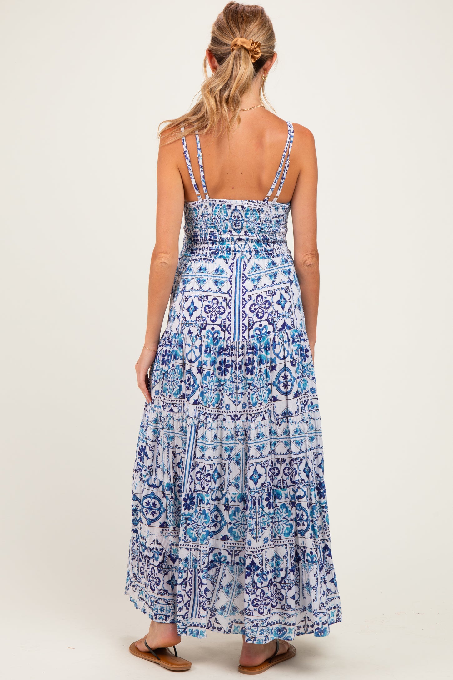 Blue Printed V-Neck Lace Tim Maternity Maxi Dress