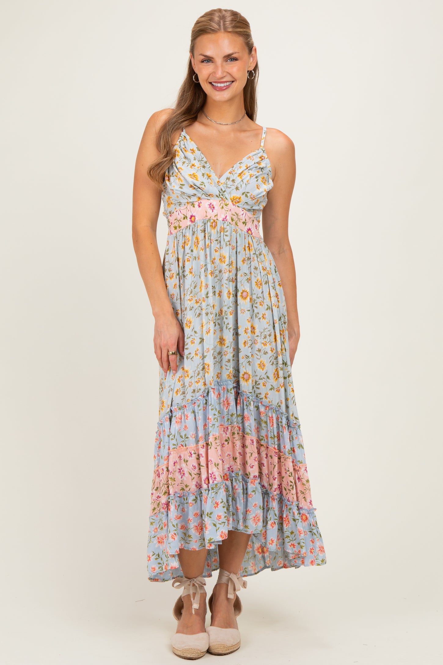 Multicolor Floral Colorblock Ruffle Tiered Maternity Midi Dress