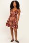 Brown Printed V-Neck Smocked Mini Dress
