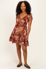Brown Printed V-Neck Smocked Maternity Mini Dress