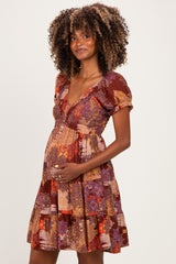 Brown Printed V-Neck Smocked Maternity Mini Dress