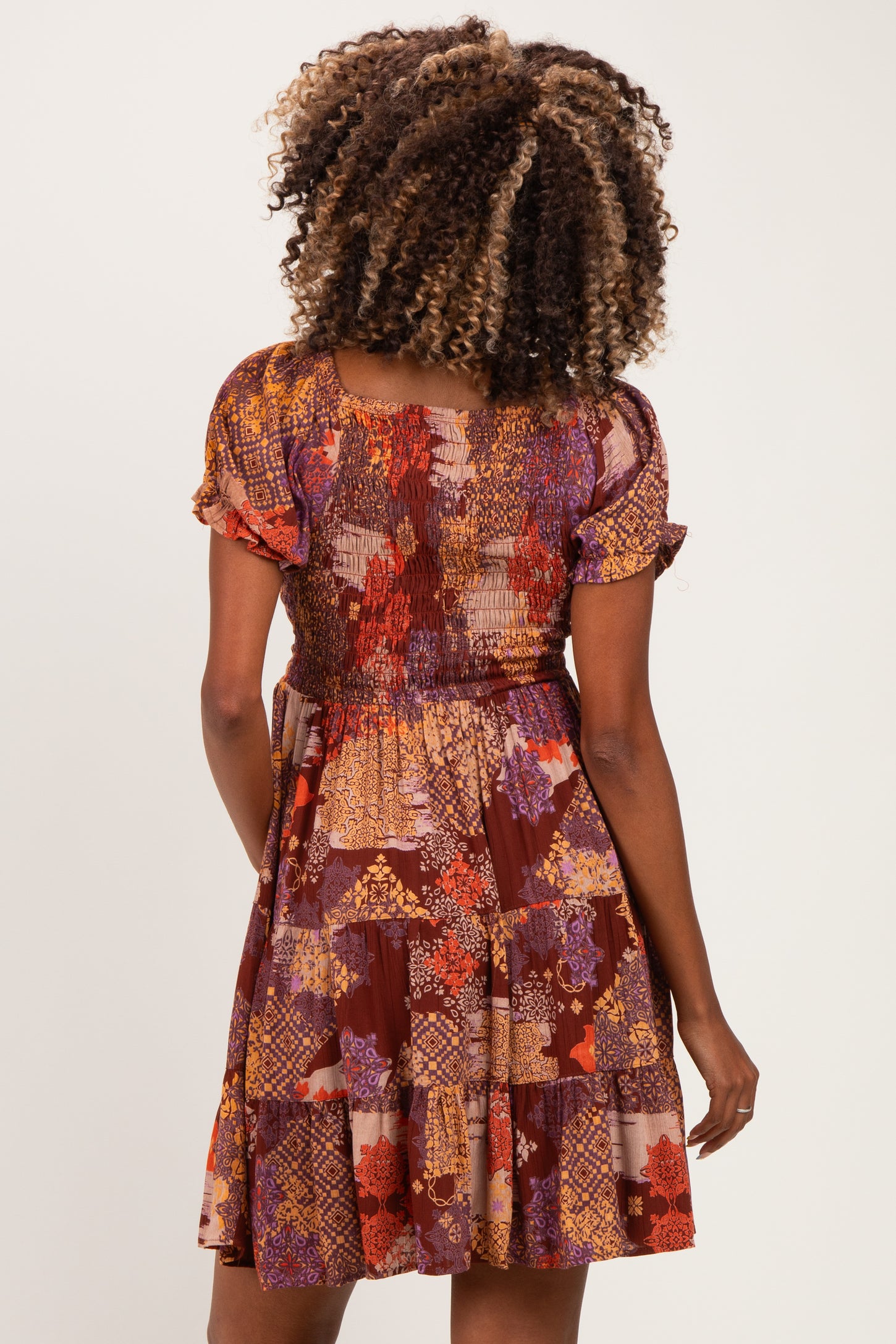 Brown Printed V-Neck Smocked Maternity Mini Dress