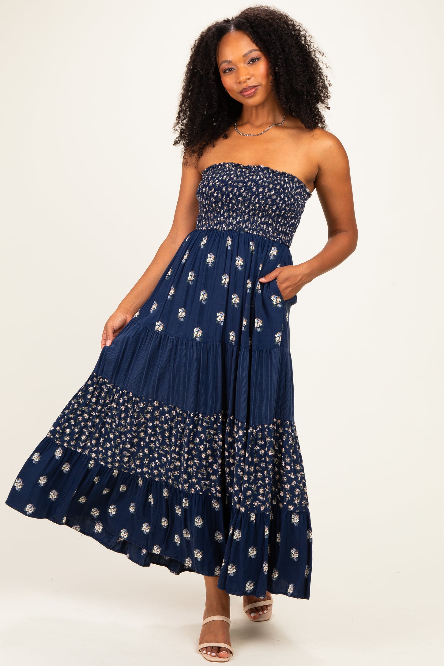 Navy Colorblock Floral Strapless Maternity Maxi Dress