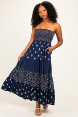 Navy Colorblock Floral Strapless Maternity Maxi Dress