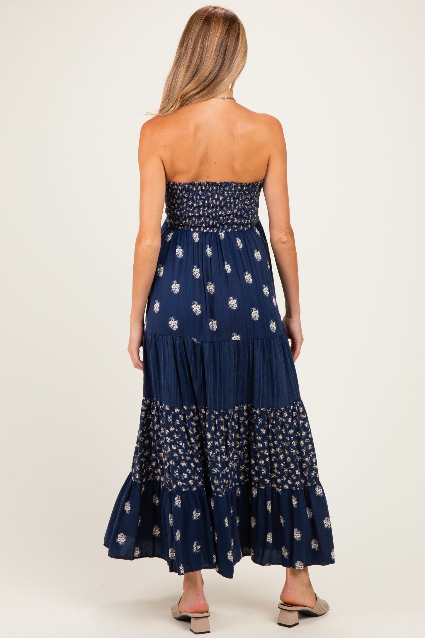 Navy Colorblock Floral Strapless Maternity Maxi Dress