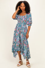 Sage Floral Smocked Handkerchief Hem Maternity Midi Dress