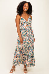 Ivory Floral Twist Front Keyhole Lace Trim Maternity Maxi Dress