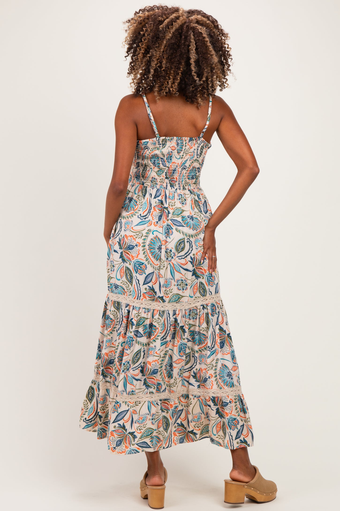 Ivory Floral Twist Front Keyhole Lace Trim Maternity Maxi Dress